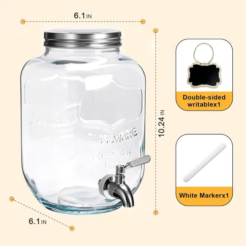 Vista 4 de Dispensadores de bebidas de vidrio de 1 galón para fiestas, dispensador de bebidas, espita de acero inoxidable 304 a prueba de fugas, dispensador