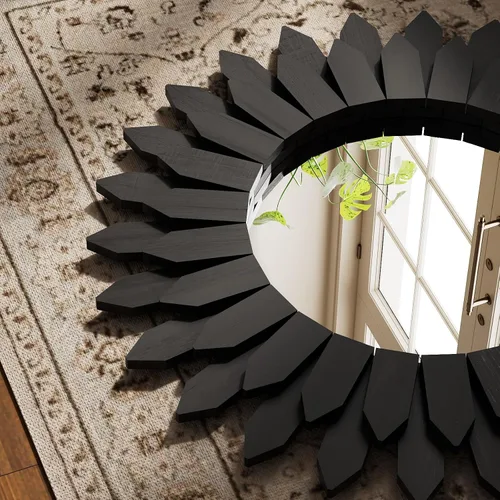 Vista 3 de Espejo de Pared Boho de 20 Pulgadas Negro con Diseño de Rayos de Sol - Espejo Circular de Madera para Pared, Espejo Circular Rústico Hecho a Mano