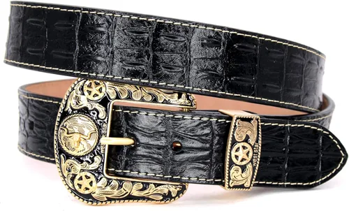 Vista 23 de Western Cowboy - Cinturón de cuero genuino con hebilla grabada, estilo country rodeo para hombre 8052 2cocodrilo Cf