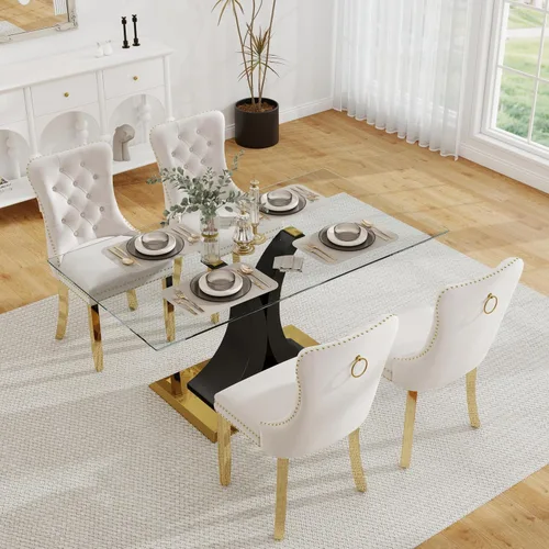 Vista 17 de Juego de comedor moderno de vidrio de lujo de 5 piezas, juego de cena rectangular minimalista grande para 4, juego de mesa de cocina de vidrio