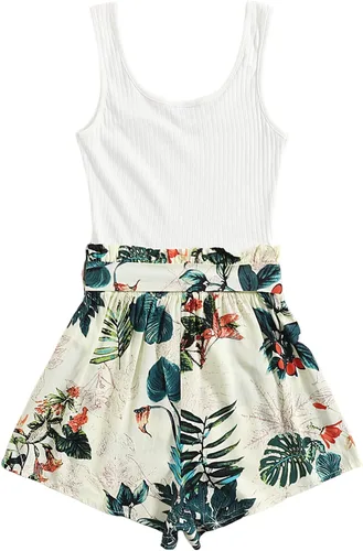 Vista 2 de SHENHE Enterizo sin mangas para mujer, con cuello con muescas, cinturón, estampado tropical, pantalones cortos de verano