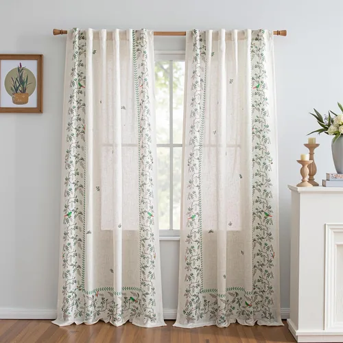 Vista 32 de MYSKY HOME Cortinas de lino transparentes de 45 pulgadas de largo para dormitorio, cocina, paneles de cortina florales, cortinas semicirverticales