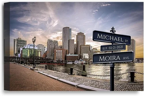 Vista 132 de IPIC - Personalized Framed Canvas with Custom Street Sign in Boston Personalized Street Signs with Names, Custom Canvas Print, Boston Sunset