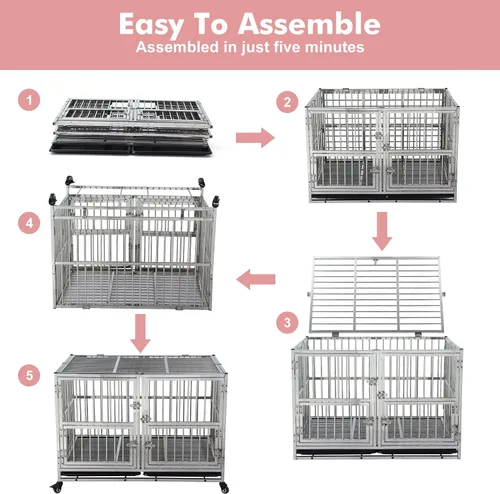 Vista 5 de Jaula para perros resistente de 42 pulgadas con ruedas, jaula de acero inoxidable indestructible de alta ansiedad, diseño de cerraduras resistentes