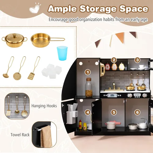 Vista 4 de Costzon Juego de cocina para niños, juego de juguetes de cocina de madera con sonido real, pizarra grande, teléfono, microondas, máquina de hielo