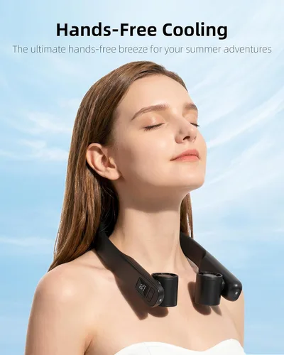 Vista 2 de FrSara Ventilador de cuello portátil que sopla aire frío recargable, dispositivo de refrigeración personal alimentado por batería con USB tipo C