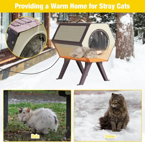 Vista 5 de Casa climatizada para gatos para invierno al aire libre, condominio combinado para gatos con temperatura y tiempo ajustables, refugio aislado
