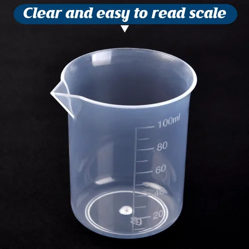 Vista 5 de 6 vasos de plástico de laboratorio de 3.4 fl oz, tazas medidoras transparentes con escala graduada y boquilla de vertido para experimentos