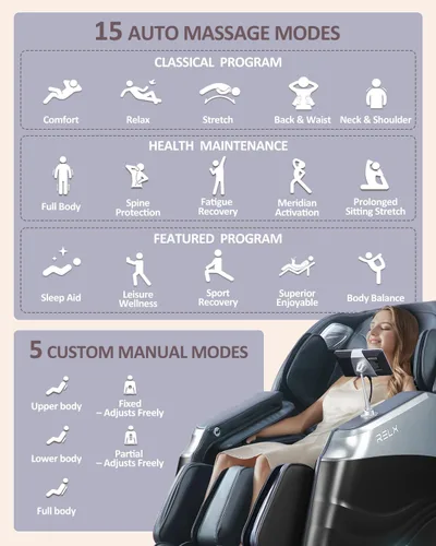 Vista 3 de RELX Silla de masaje 2026 de cuerpo completo, escaneo corporal, reclinable Negro