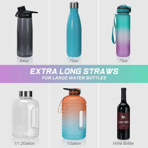 Vista 4 de Paquete de 12 popotes extralargos de 36.8 cm de silicona reutilizables para jarras Stanley de 40 oz, 1 galón, 128, 75, 64 OZ, botella grande de agua