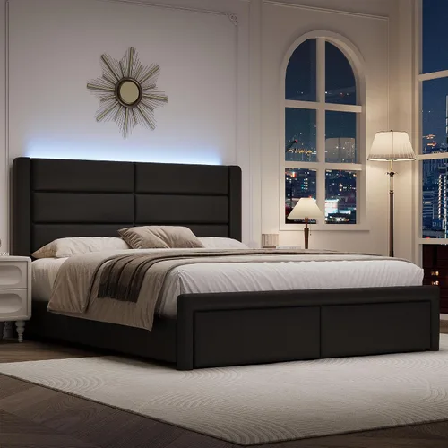 Vista 13 de Base de cama individual con cabecero tapizado y luces LED, moderno marco de cama de piel sintética con soporte de listones de madera y base
