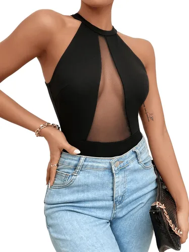 Vista 3 de SweatyRocks Body sin mangas para mujer, cuello redondo, corte alto, de malla, sin mangas