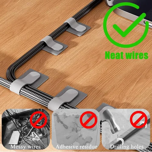 Vista 2 de 80 bridas para cables de gancho y bucle, correas de cable de gancho y bucle, gestión de cables debajo del escritorio, clips adhesivos para cables