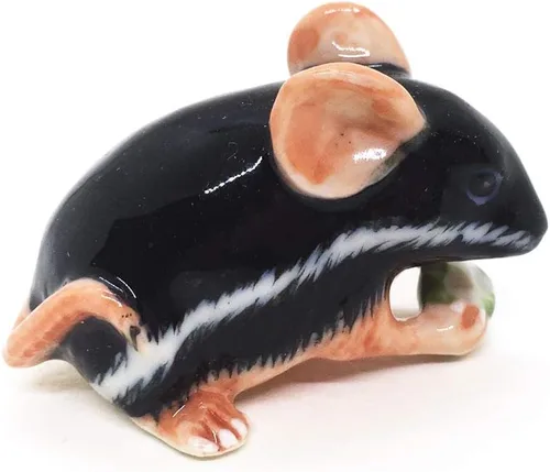 Vista 2 de WitnyStore Pequeña figura de ratón negro de 1¾ pulgadas de largo, hecha a mano, hecha a mano, de cerámica, rata, roedor, animales, porcelana