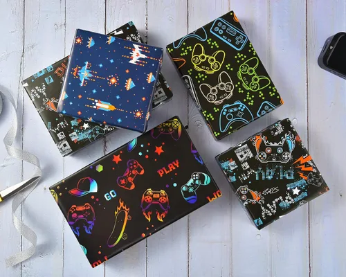 Vista 2 de Papel de regalo de cumpleaños de juegos Titiweet para niños y niñas, 12 hojas de papel de regalo para juegos de video para amantes