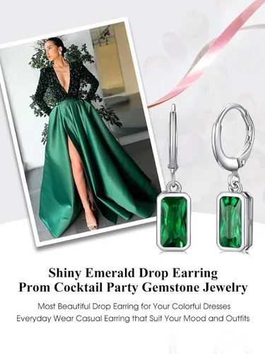 Vista 4 de Bestyle Aretes colgantes de plata de ley pequeños y delicados con piedra natal para mujeres y niñas con cristal rectangular de baguette y aro