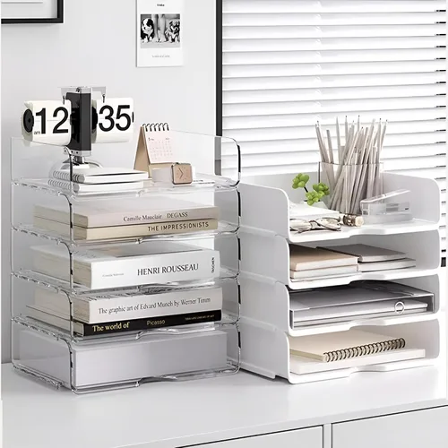 Vista 5 de Organizador de Papel de 4 Niveles para Escritorio, Bandeja de Papel Organizador de Escritorio Apilable, Ideal para Suministros de Oficina