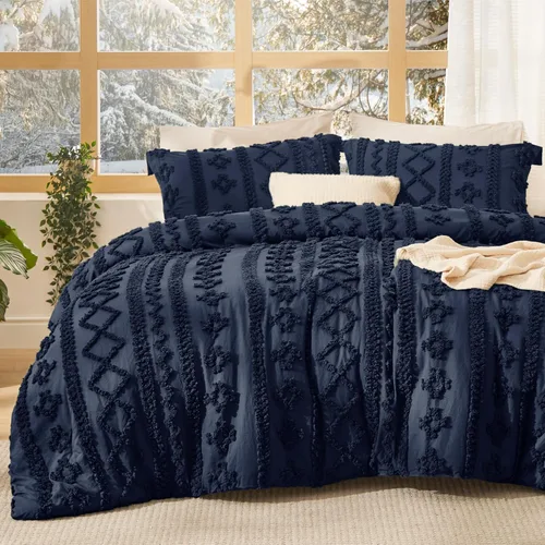 Vista 35 de Bedsure Juego de edredón bohemio copetudo, tamaño individual, juego de cama bohemio azul pizarra, GentleSoft™ 2 piezas de ropa de cama bordada