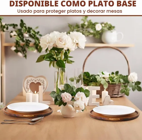 Vista 5 de Rtteri 12 piezas de platos de madera de acacia redondos para cena, vajilla de madera, bandeja de servir, fácil de limpiar, ligera, irrompible, plato