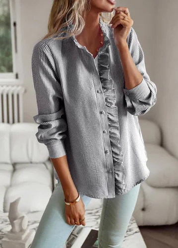 Vista 3 de chouyatou Blusa de manga larga para mujer, casual, holgada, con botones, con volantes