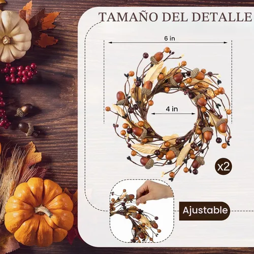 Vista 2 de Paquete de 2 anillos pequeños para velas para el día de Acción de Gracias, corona de velas de otoño de 6 pulgadas con hojas artificiales