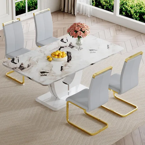 Vista 32 de JUFU Juego de mesa de comedor moderno para 4, juego de mesa de cocina rectangular de 63 pulgadas con mesa de mármol sintético y 4 sillas tapizadas
