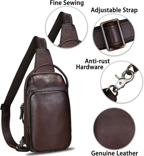 Vista 6 de LRTO Bolso bandolera de cuero genuino para senderismo, mochila retro hecha a mano cruzada en el pecho, bolsa de hombro antirrobo