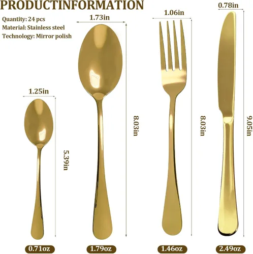 Vista 6 de Juego de cubiertos dorados de acero inoxidable para 6 personas, juego de cubiertos de cocina, utensilios de regalo, cuchillo, tenedor, cuchara