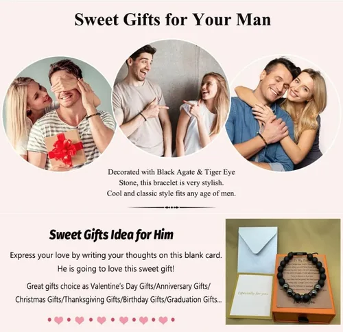 Vista 6 de putouzip Pulsera de cuentas de cuerda trenzada de obsidiana natural, regalos para mi hombre, hijo, nieto, novio, marido, papá, hermano, aniversario