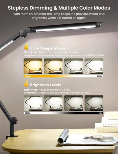 Vista 3 de Lámpara de escritorio LED con abrazadera, luz doble ajustable y control remoto, luz de rompecabezas para mesa sin deslumbramiento, 4 modos