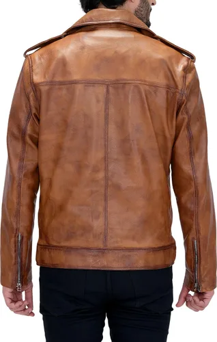 Vista 3 de Hide Fusion Chaqueta de cuero de oveja genuina retro para hombre, color marrón envejecido, estilo café, racer, carreras, velocidad