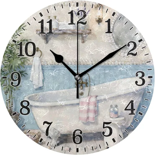 Vista 39 de JUNZAN Reloj de bañera con vino romántico espumoso y velas, reloj de pared silencioso de 10 pulgadas, pequeño reloj redondo, decoración de cocina