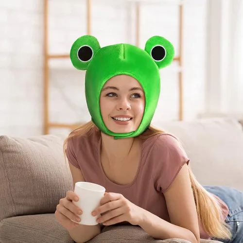 Vista 5 de Amosfun Gorro de rana de felpa para adultos, disfraz de conejito de rana, 1 pieza de adorable caricatura, adorable sombrero de rana de felpa suave