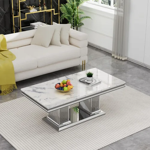 Vista 38 de SSLine Mesa de Centro Rectangular de Mármol Sintético para Sala de Estar, Mesa Central Moderna de Mármol Blanco de Lujo con Base Doble en Forma de U