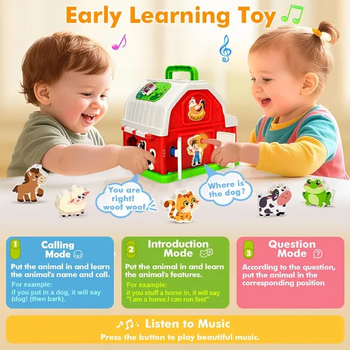 Vista 4 de Montessori - Juguetes para niños y niñas de 1, 2, 3 años, animales de granja musicales, juguete de granero con sonido y luz, juguetes de aprendizaje