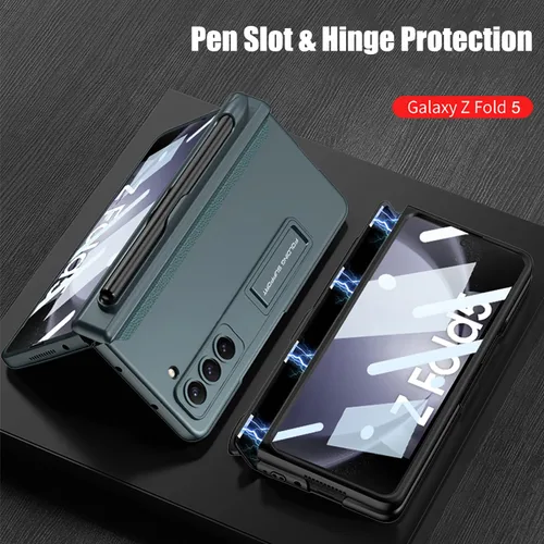 Vista 6 de Funda para Samsung Galaxy Z Fold 5 con protección magnética de bisagra, soporte ajustable y protector de pantalla con soporte para S Pen, funda