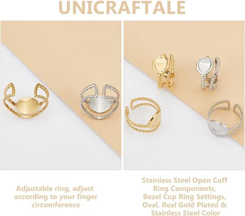 Vista 5 de UNICRAFTALE 8 piezas de componentes de anillo abierto de acero inoxidable de 2 colores con anillos ovalados, chapados en oro, ajustables para hacer