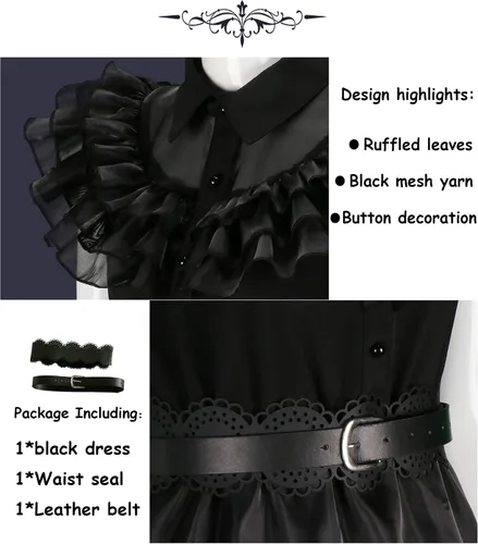 Vista 4 de Dworsky Wednesday Addams Dress,Wednesday Addams Costume Girls Lace Black Dress Halloween Party Gothic Cosplay