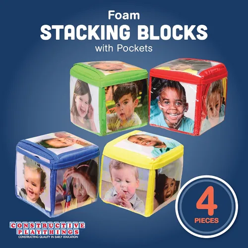 Vista 2 de Constructive Playthings - Juguetes apilables personalizables con bolsillos transparentes para niños de 12 meses+, bloques de construcción de espuma