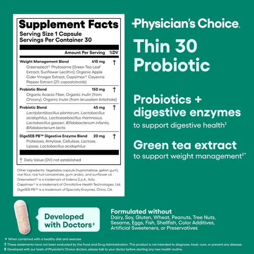 Vista 5 de Physician's CHOICE - Paquete de control de peso para combatir la hinchazón + soporte: enzimas digestivas + probiótico Thin-30