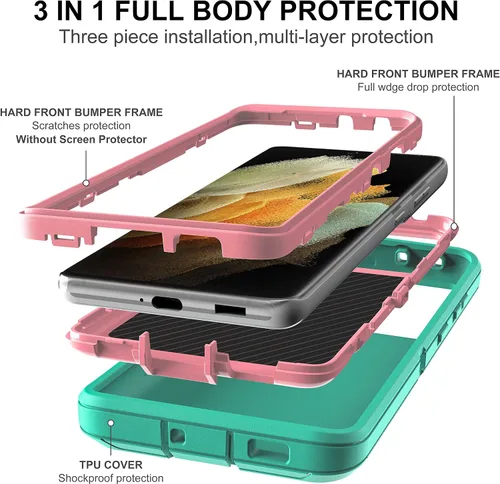 Vista 4 de Funda para S21 Ultra, funda para Samsung Galaxy S21 Ultra con protector de pantalla de TPU flexible autorreparable (paquete de 2), funda de Azul