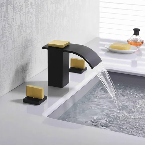 Vista 4 de SUMERAIN Grifo de Baño de 8" Generalizado de 3 Agujeros con Cascada, Grifo de Lavabo en Acabado Negro y Dorado