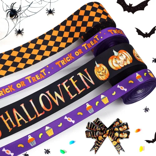 Vista 8 de Hying 6 cintas de calabaza de Halloween, 3/8 pulgadas de ancho de satén para manualidades en naranja y negro para envolver regalos y decoraciones