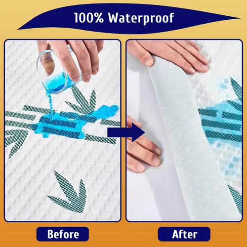 Vista 3 de Protector de colchón de tamaño matrimonial, funda de colchón impermeable de viscosa de bambú transpirable, estilo de rayas refrescantes, bolsillo