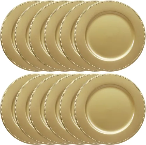 Vista 6 de Juego de 12 platos de carga dorados con cuentas. Cargadores de mesa de plástico reutilizables de 13 pulgadas para platos llanos Dorado beaded