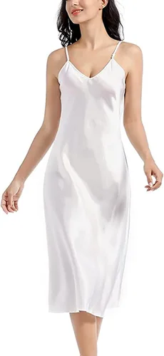 Vista 2 de Camisón de satén para mujer, vestido largo para dormir, camisones de seda con cuello en V