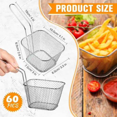 Vista 2 de Maxdot 60 unidades, mini cesta cuadrada para papas fritas con asa cromada, soporte para papas fritas, cesta de presentación de alimentos