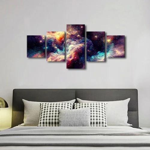 Vista 4 de Pintura en lienzo colorida para sala de estar, 5 paneles, impresiones abstractas sobre lienzo, arte de pared para sala de estar, dormitorio