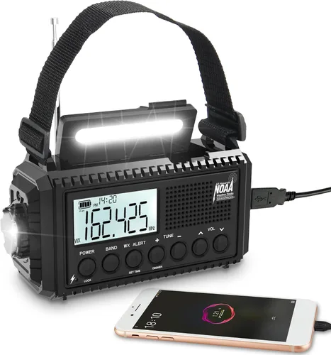 Vista 2 de Radio meteorológica digital NOAA 5000, manivela solar de 5 vías, cargador de radio de emergencia/teléfono portátil con pantalla LCD retroiluminada