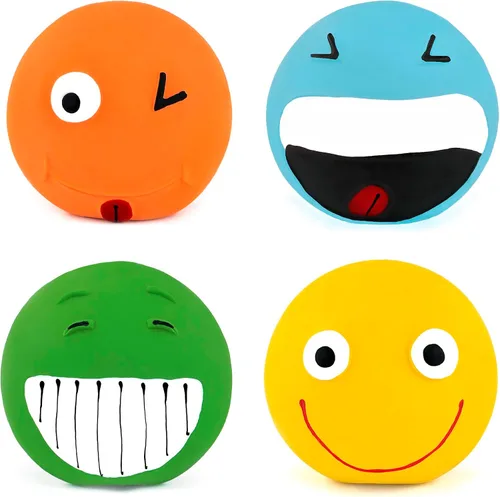 Vista 2 de CHIWAVA Paquete de 4 juguetes chirriantes de látex de 3.2 pulgadas para perros con cara sonriente, juego interactivo para perros pequeños